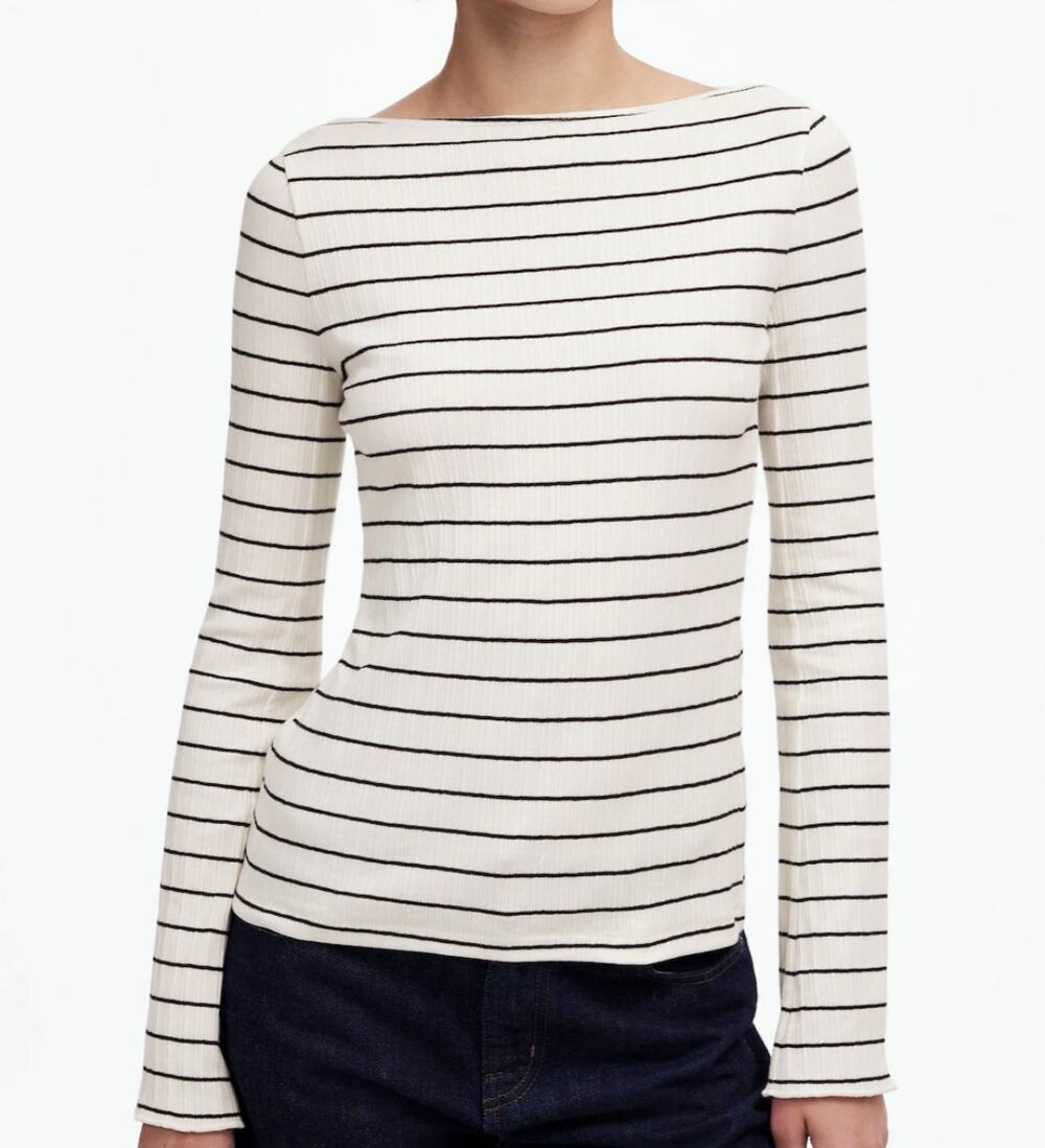 Madewell Ribbed Boatneck Cotton Tee WMNS XXS White Black Striped NT681 Slim Fit